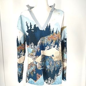Jiana Collard Top, Green & Blue Autum Forest Scene Women Size L